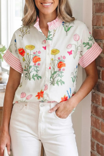 Floral Striped Patchwork Ruffled Collar Short Sleeve Shirt – Beige