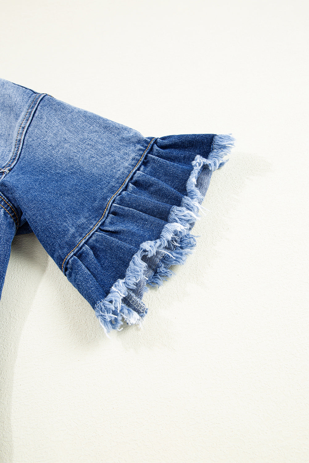Peacock Blue Raw Edge Ruffled Short Sleeve Denim Jacket eAura