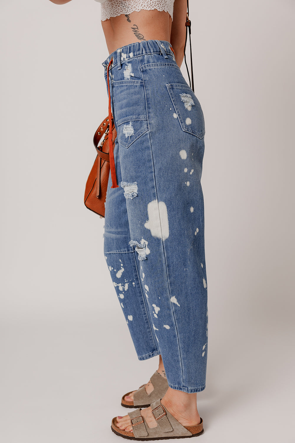 Ashleigh Blue Ripped Splattering Paint Rope Waist Cropped Straight Jeans eAura