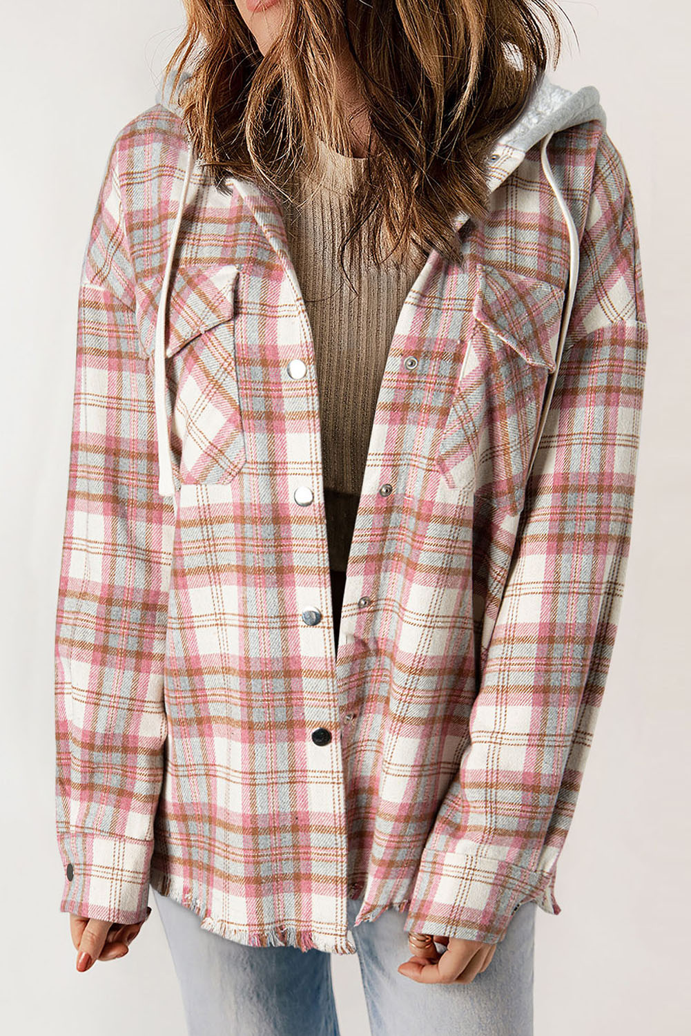 Multicolour Plaid Flap Pocket Hooded Raw Hem Jacket Beagle Boutique Fashion Outlet