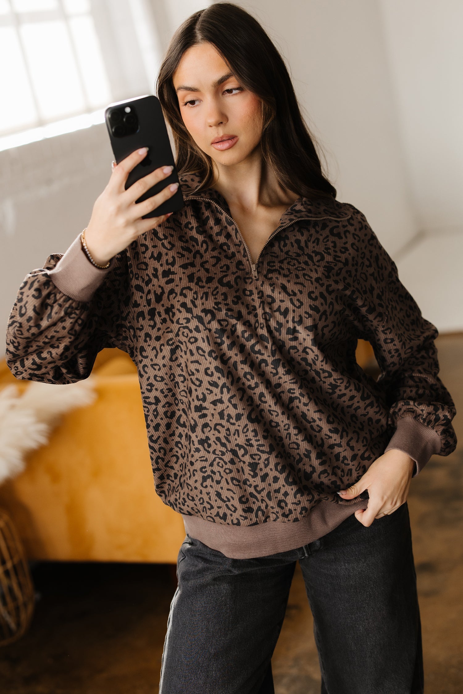 Leopard Print Quarter Zip Soft Corduroy Sweatshirt - Tops/Sweatshirts & Hoodies