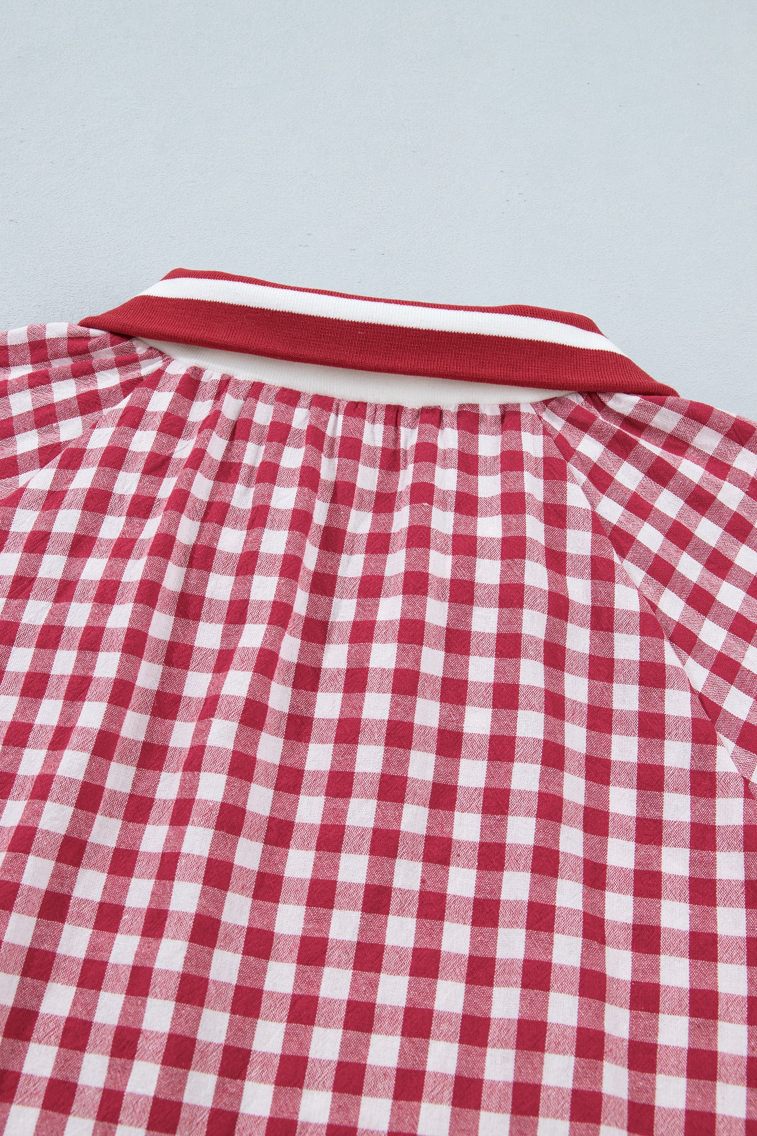 Gingham Striped Patchwork Half Zip Blouse – Red