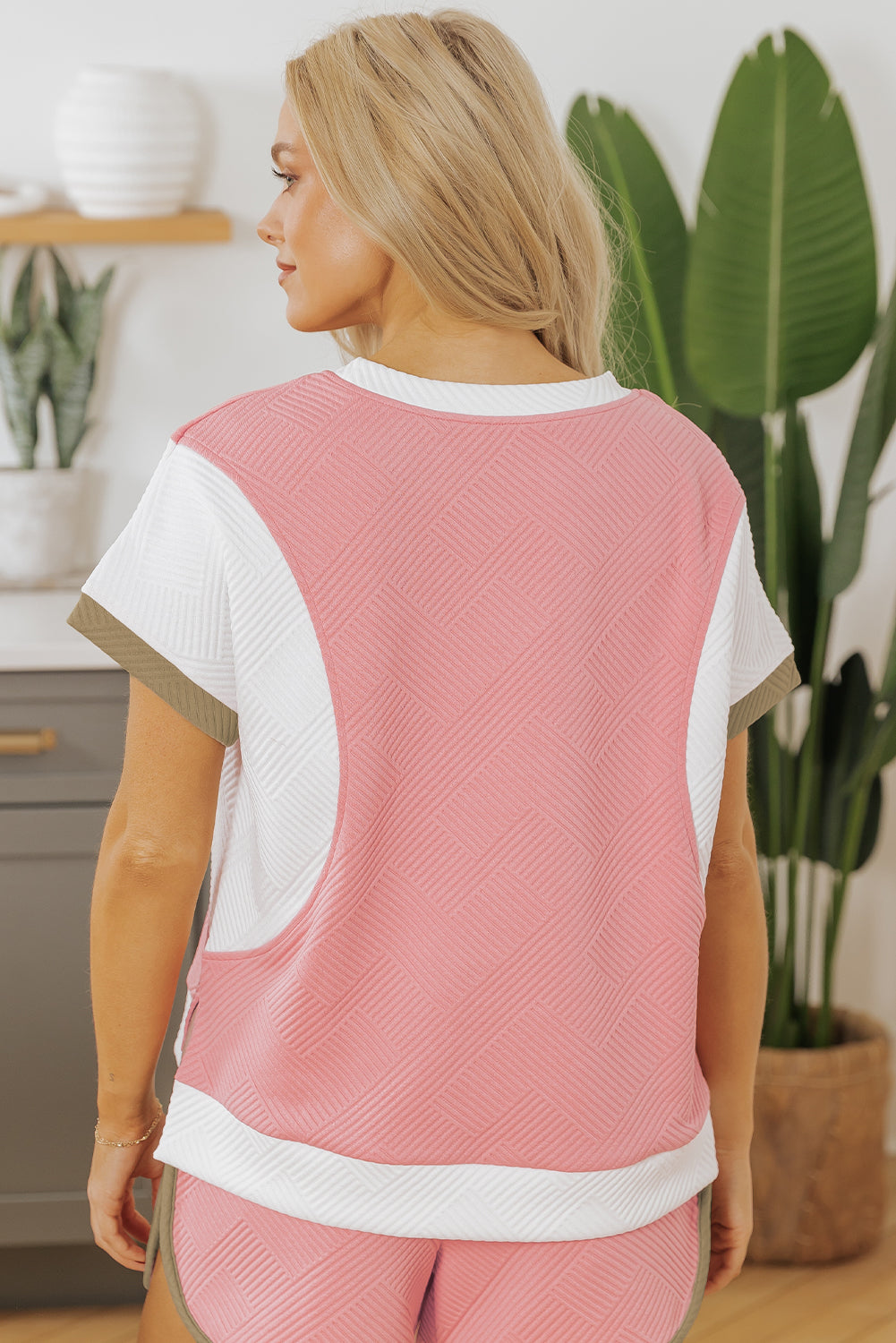 Pink Textured Colourblock Patchwork Tee Two Piece Shorts Set eAura