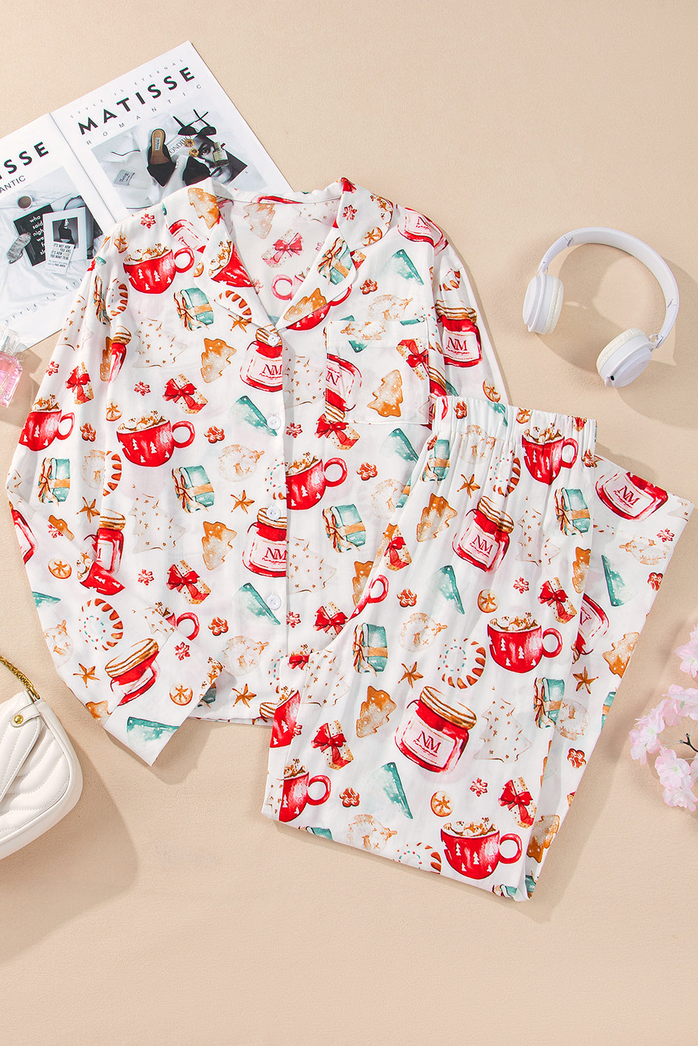 White Christmas Pattern Long Sleeve Shirt Pyjama Set eAura