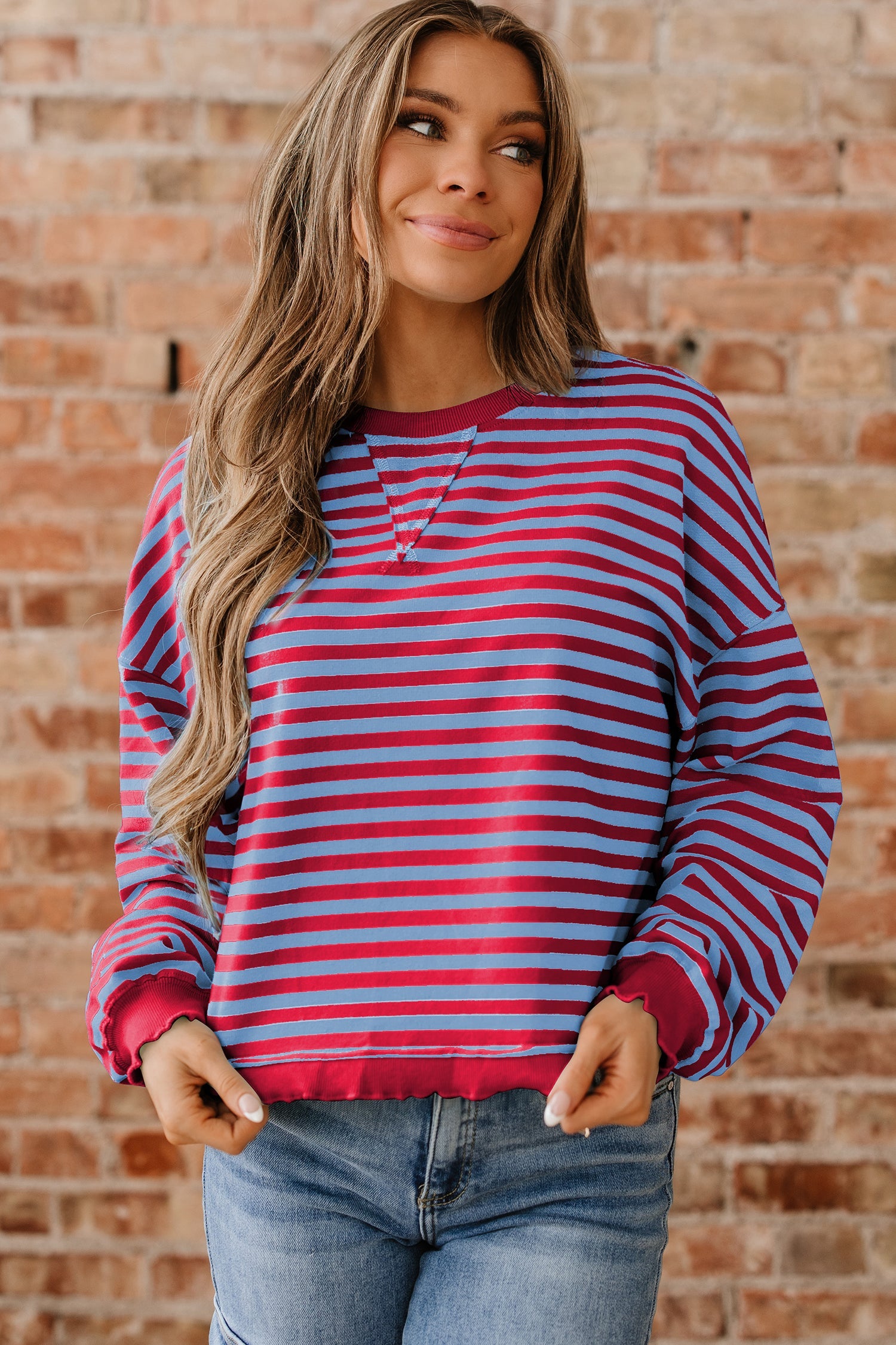 Striped Exposed Seam Contrast Ribbed Trim Boxy Sweatshirt - Tops/Sweatshirts & Hoodies