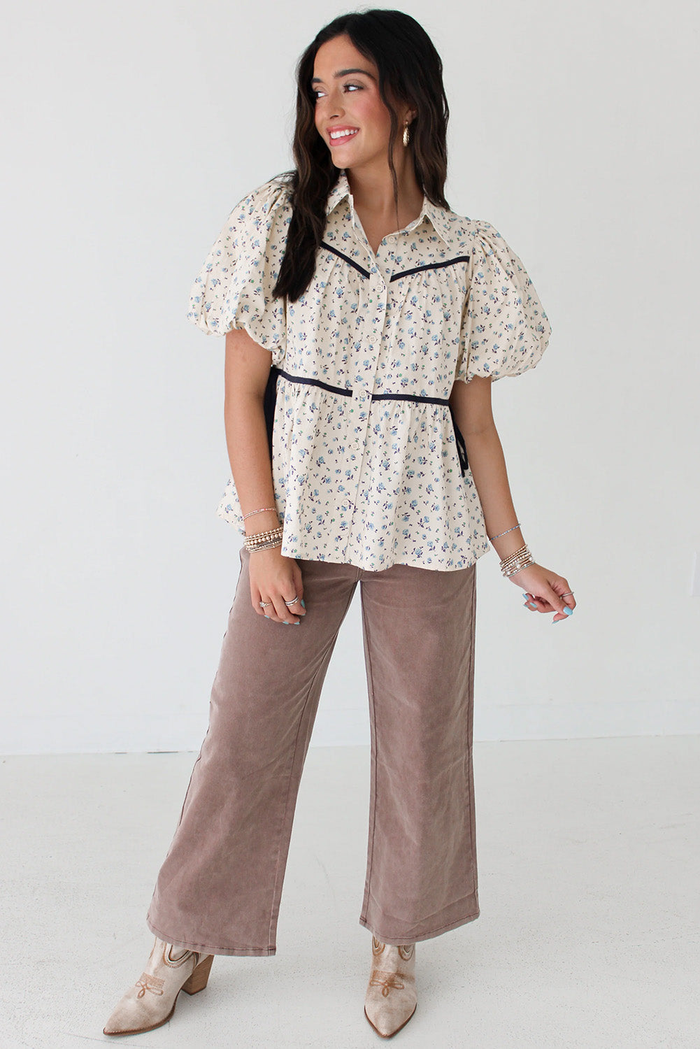 White Contrast Trim Floral Puff Short Sleeve Shirt BB Fashion Outlet
