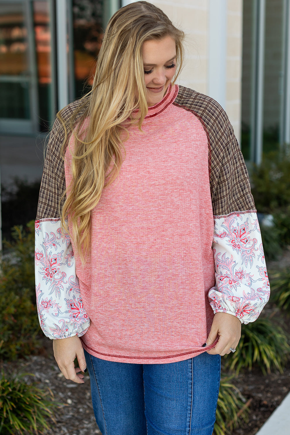 Pink Checkered Paisley Patchwork Raglan Sleeve Seamed Plus Size Top BB Fashion Outlet