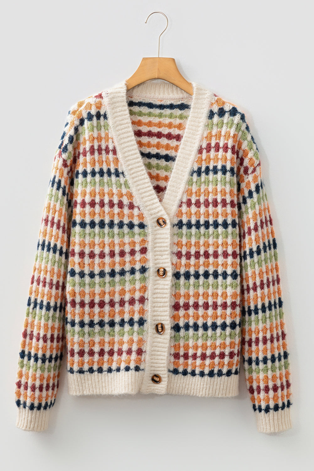 Multicolour Dotty Pattern Knit Button Front V-Neck Sweater Cardigan - eAura