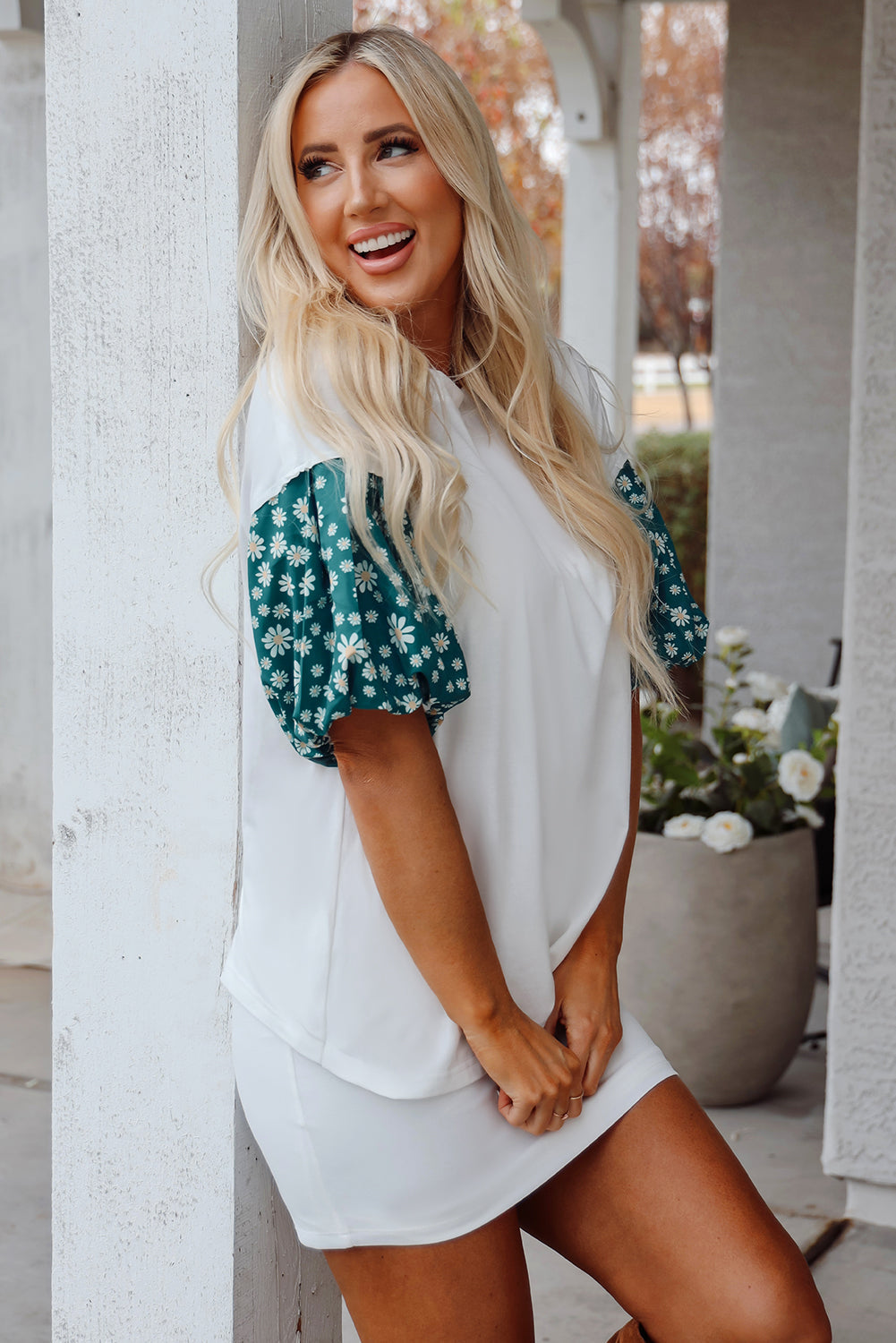 White Contrast Floral Puff Sleeve Oversized Top eAura
