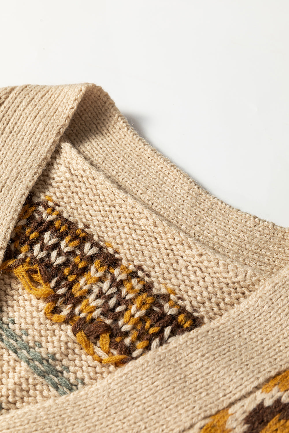Khaki Western Pattern Knit Button V-Neck Cardigan eAura