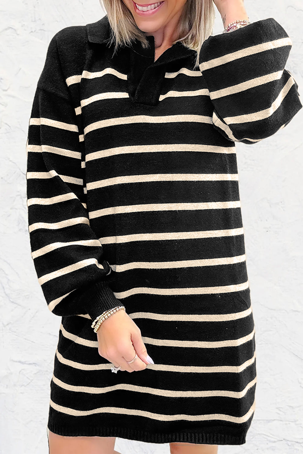 Striped Polo Collar Puff Sleeve Sweater Mini Dress Dear-Lover Dropshipping