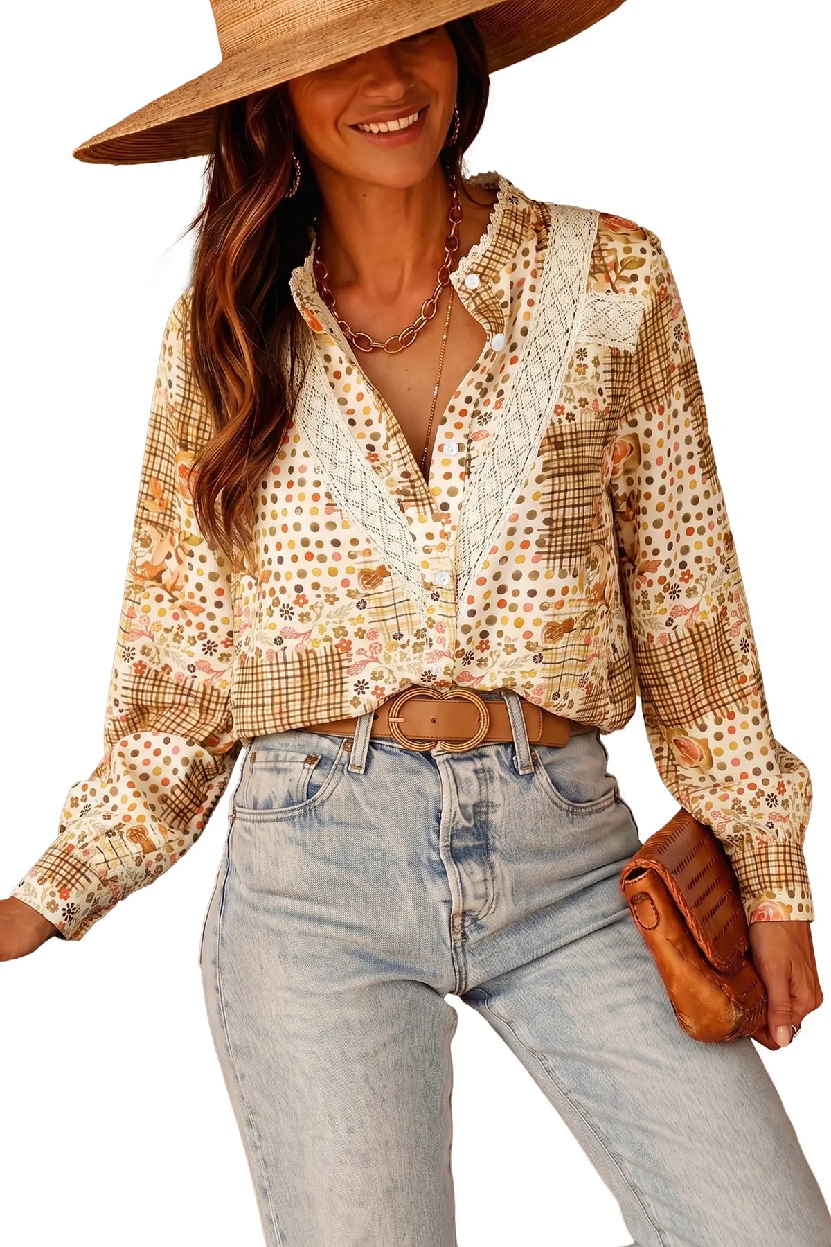 Floral Lace Trim Button Down Long Sleeve Shirt – Brown