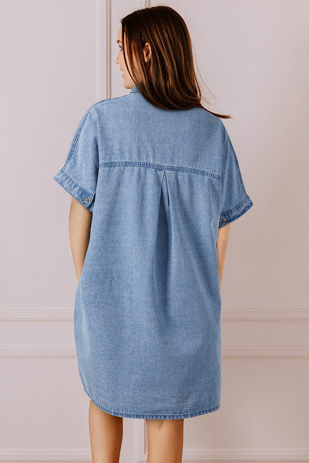 Dusk Blue Short Sleeve Pocketed Button up Denim Tunic Dress BB Fashion Outlet
