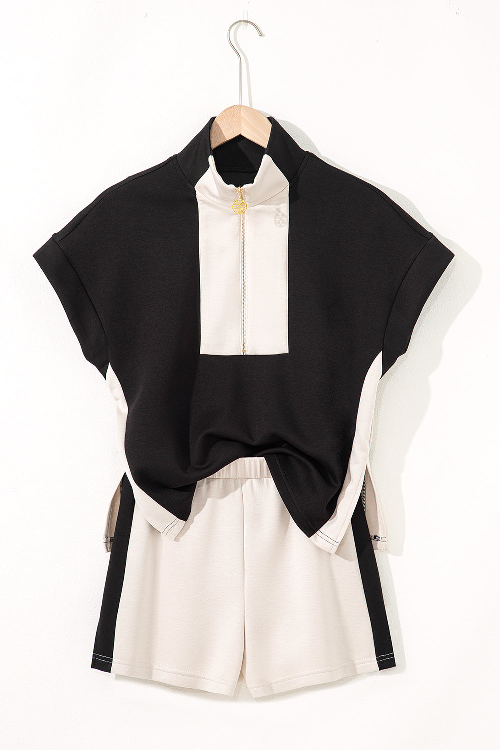 Black Contrast Zipped Collared T Shirt and Short Co-ord Set eAura