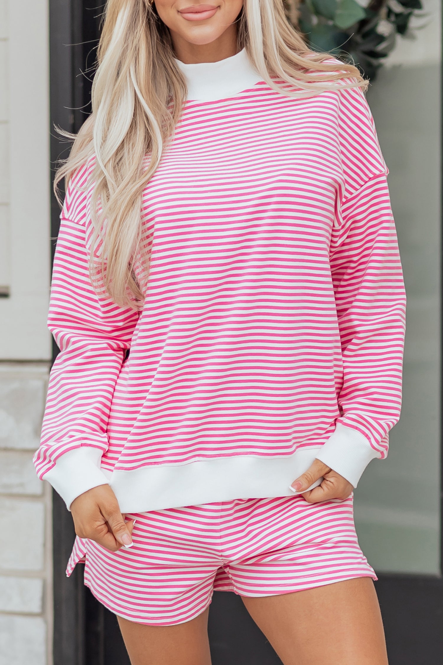 Stripe Oversize Mock Neck Sweatshirt and Shorts Set