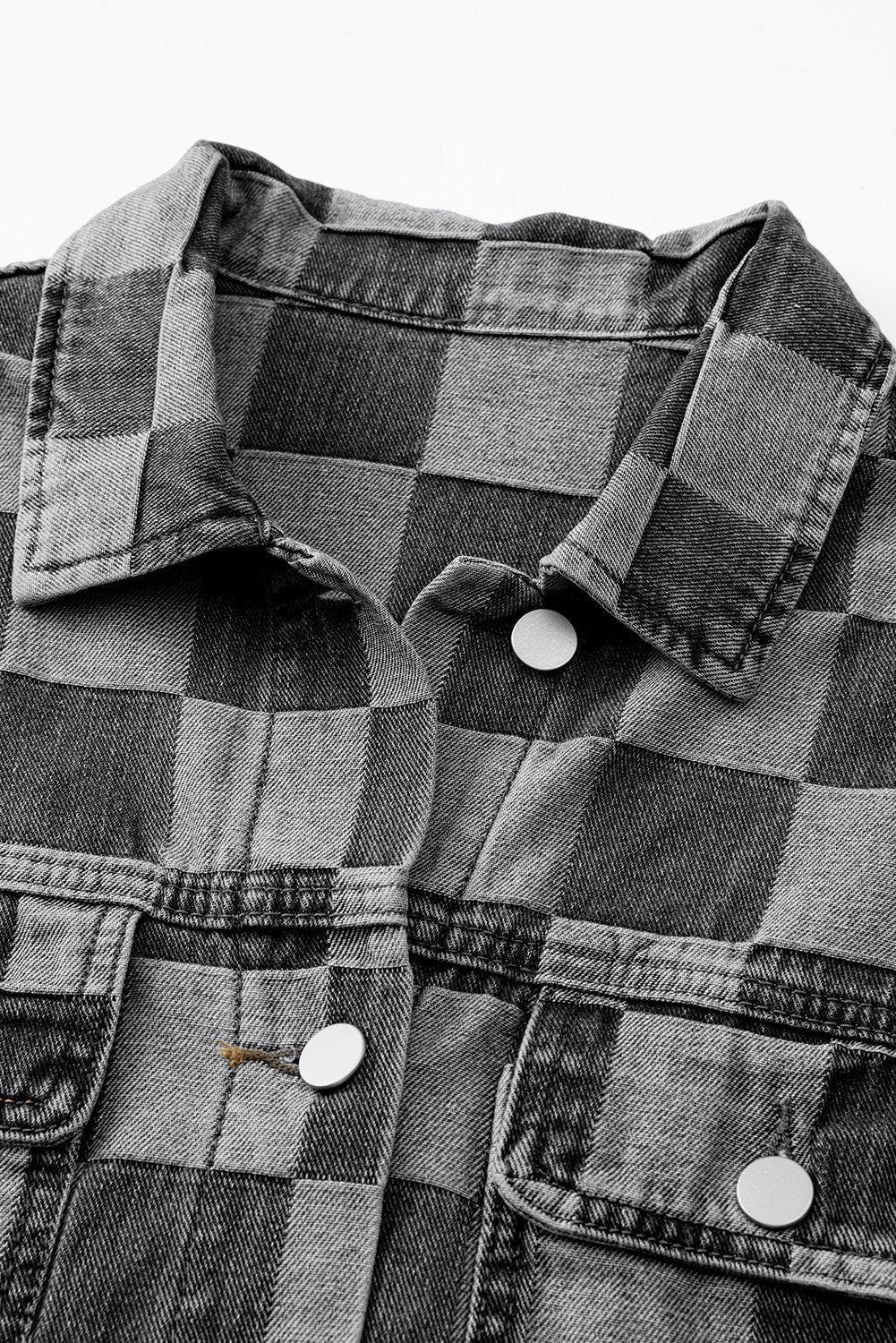 Light Blue Checkered Patchwork Button up Denim Jacket Beagle Boutique Fashion Outlet