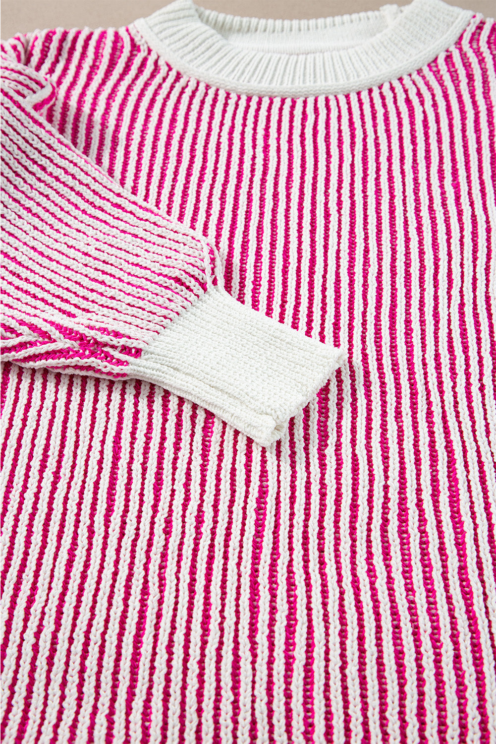 Bright Pink Striped Textured Knit Contrast Edge Loose Sweater eAura