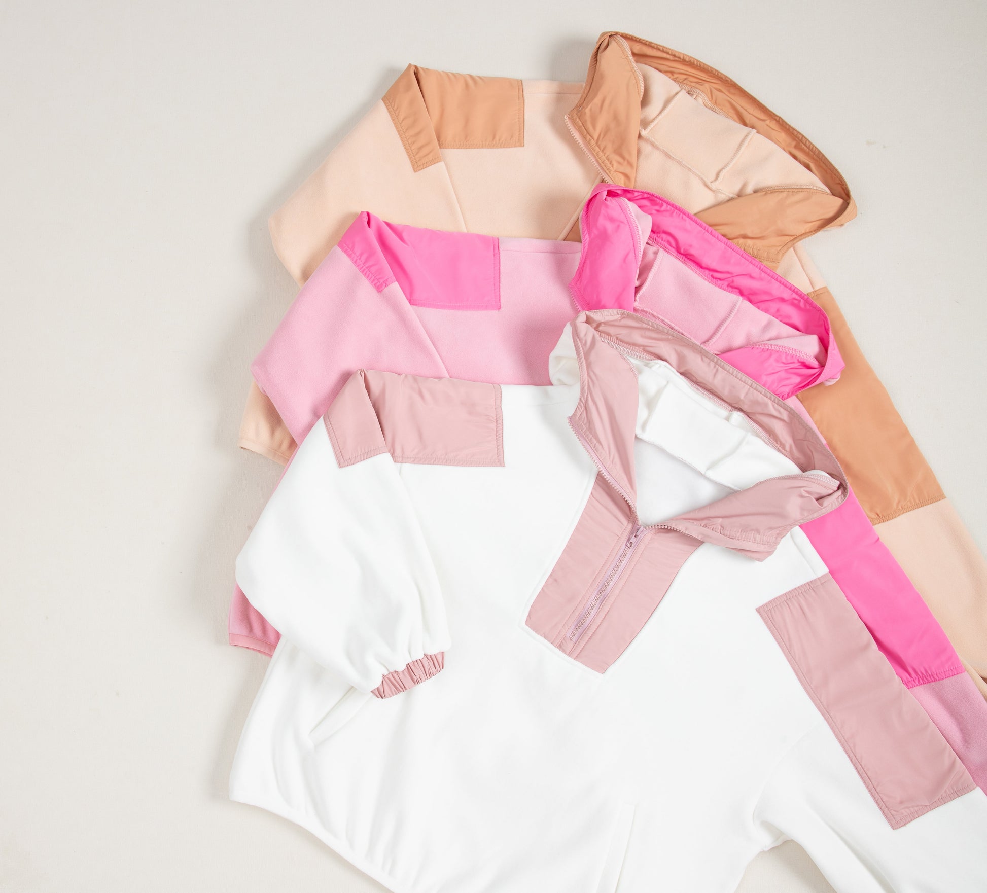 Light French Beige Colourblock Patchwork Half Zip Oversized Sherpa Hoodie eAura