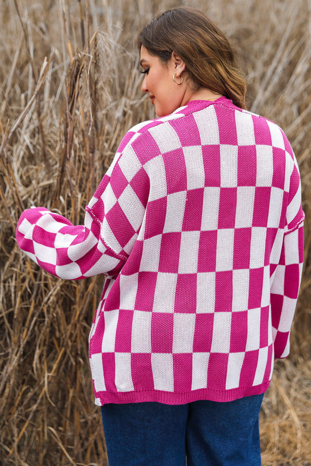 Bonbon Checkered Pattern Open Front Plus Size Cardigan BB Fashion Outlet