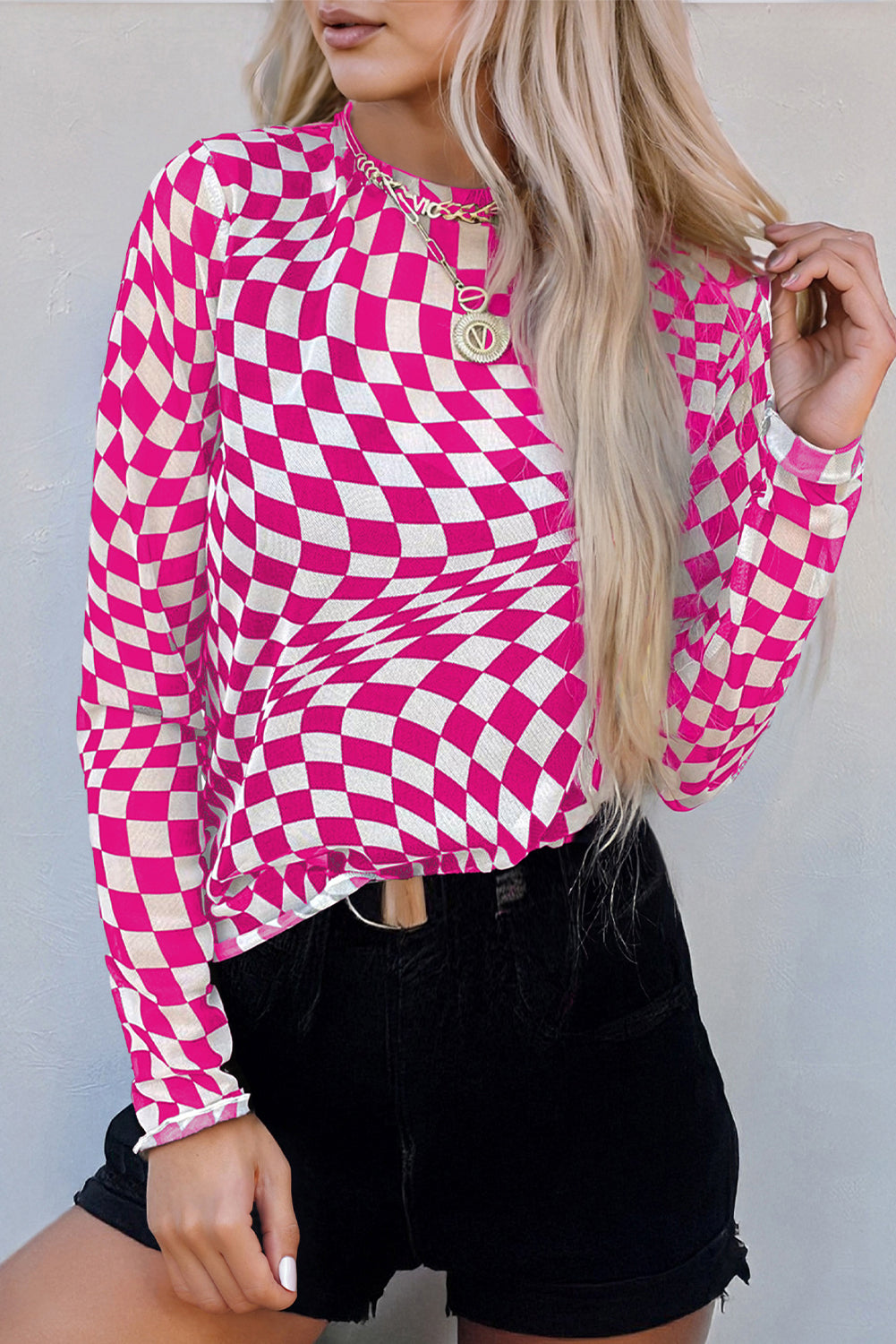 Checkered Pattern Mesh Mock Neck Long Sleeve Top - eAura