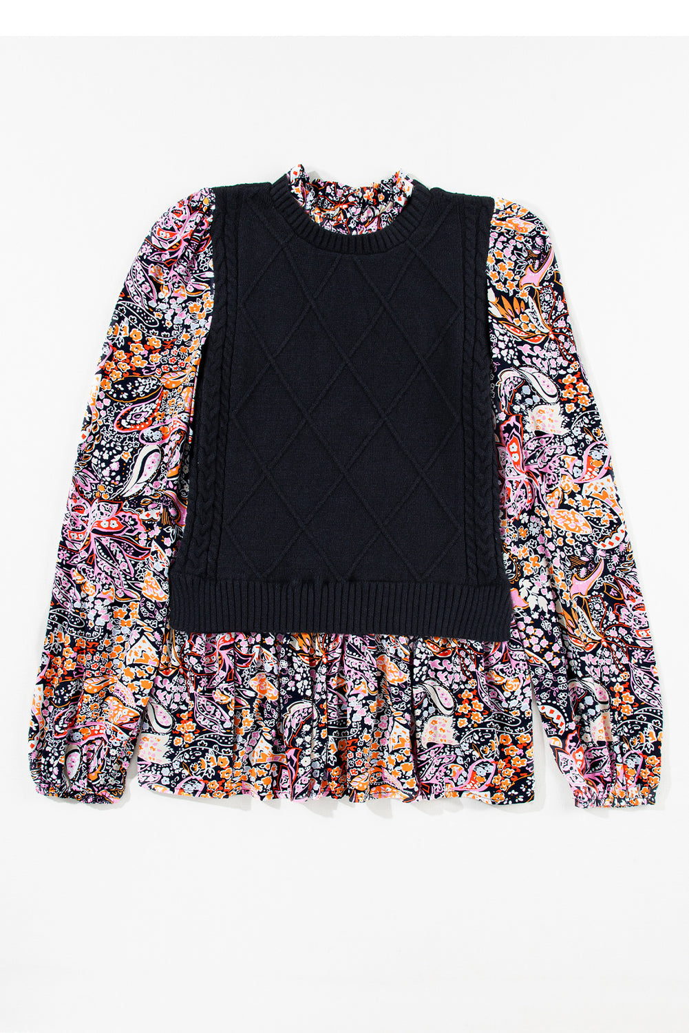 Black Contrast Floral Sleeve Peplum Sweater eAura