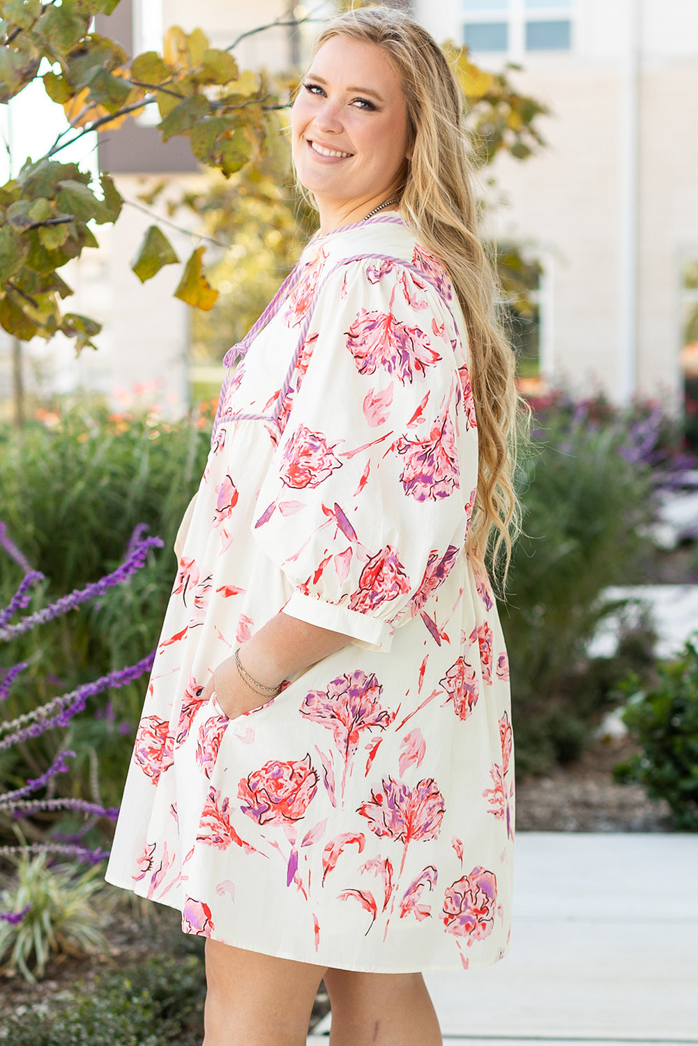 White Floral Print Lace up V Neck Balloon Sleeve Plus Size Shift Mini Dress BB Fashion Outlet