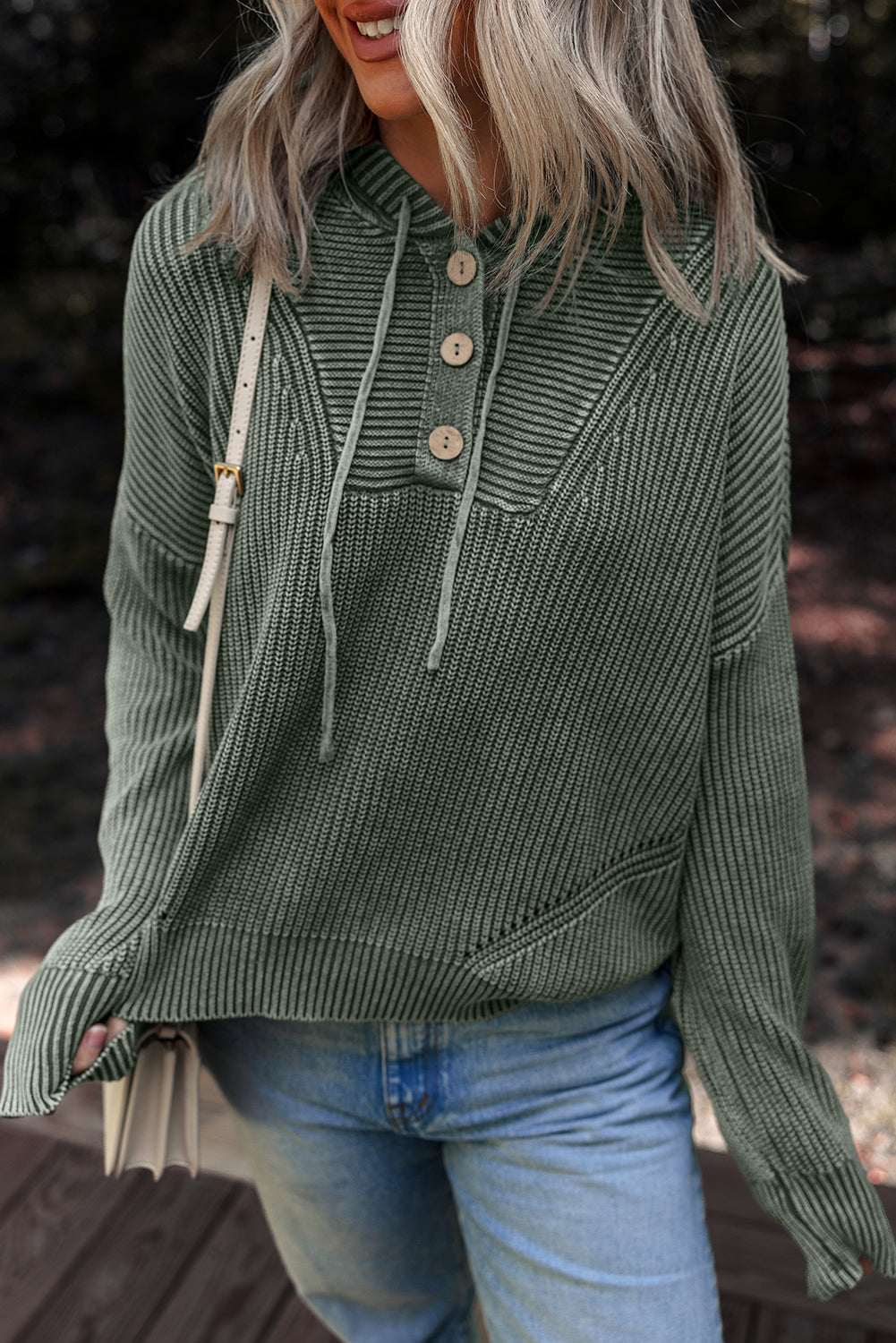 Mineral Wash Ribbed Button Drawstring Neck Hooded Sweater - eAura