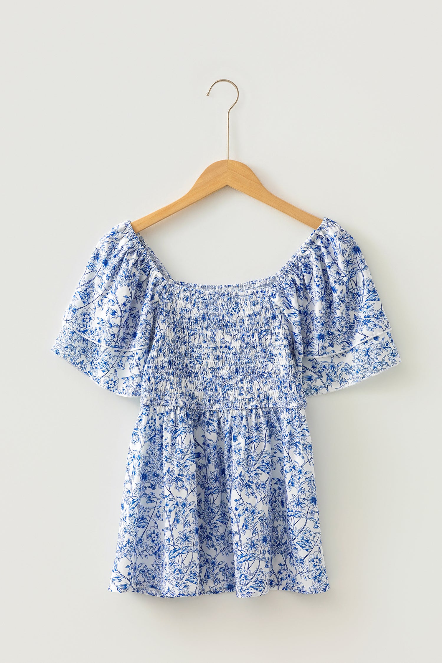 Floral Print Square Neck Ruffled Sleeve Shirred Babydoll Blouse – Sky Blue