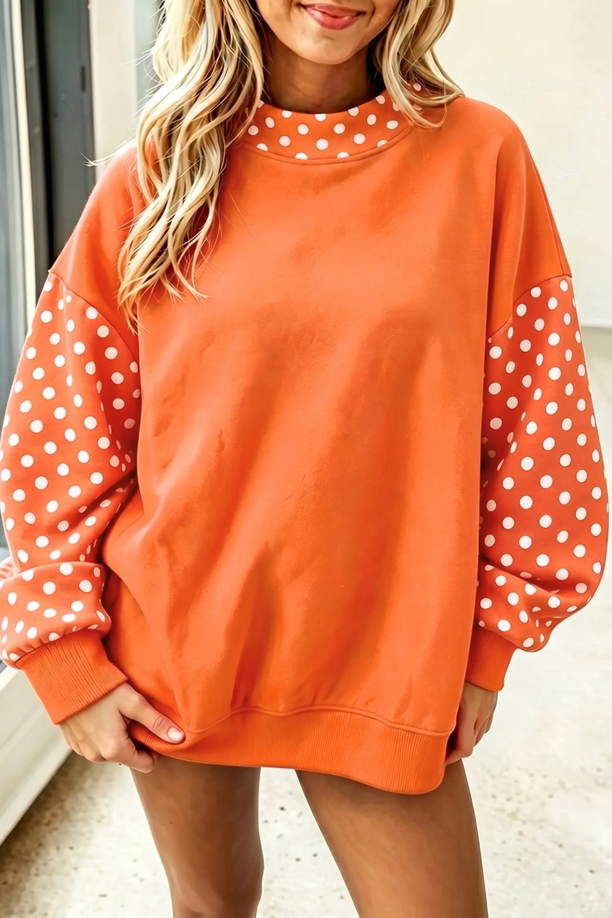 Baggy Sweatshirt Polka Dot Contrast Long Sleeve