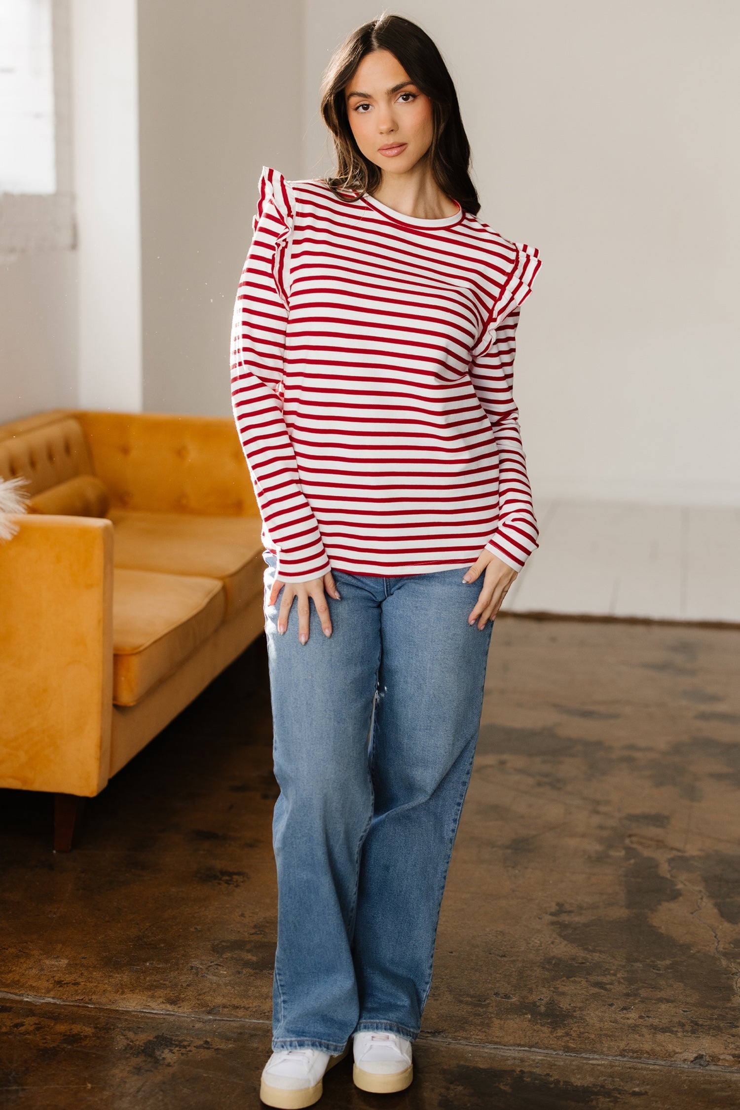Stripe Round Neck Ruffle Trim Long Sleeve Top - Tops/Long Tops