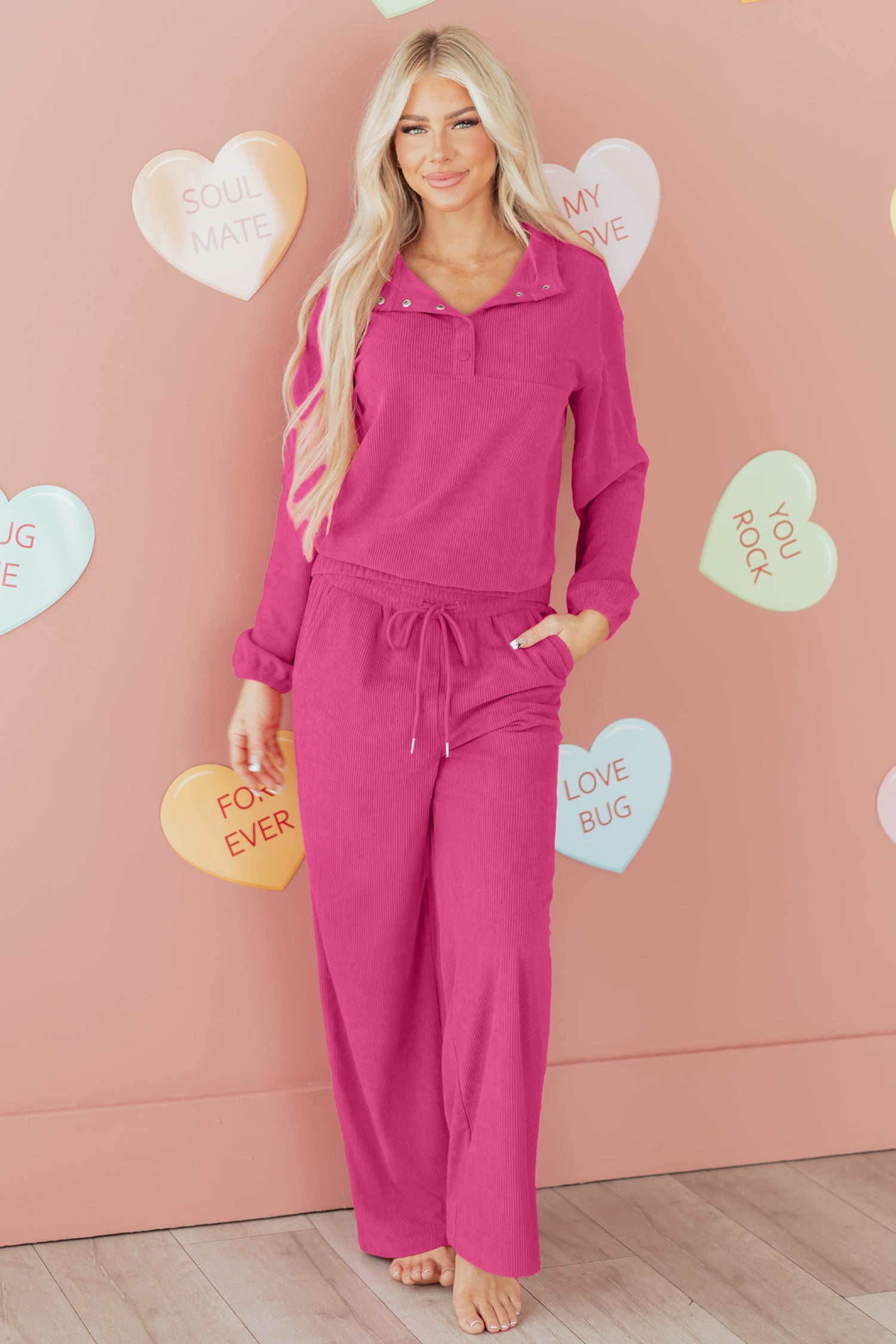 Half Button Pullover Drawstring Trousers Soft Corduroy Co-ord 2pcs Outfit - eAura