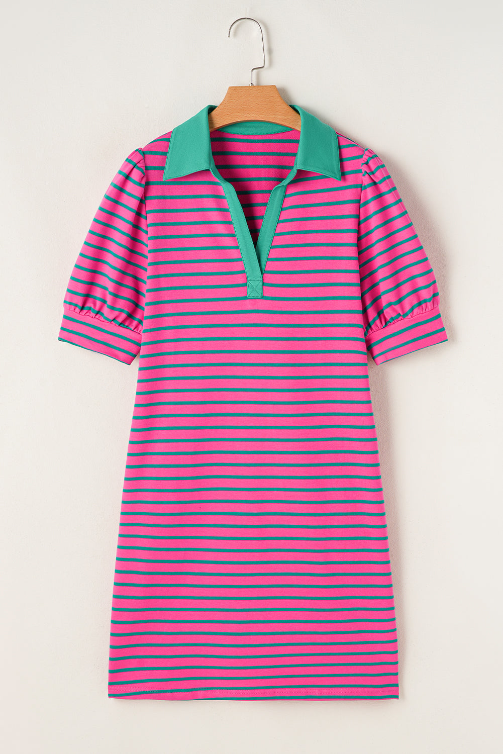 Pink Stripe Collared V Neck Puff Sleeve T Shirt Dress BB Fashion Outlet