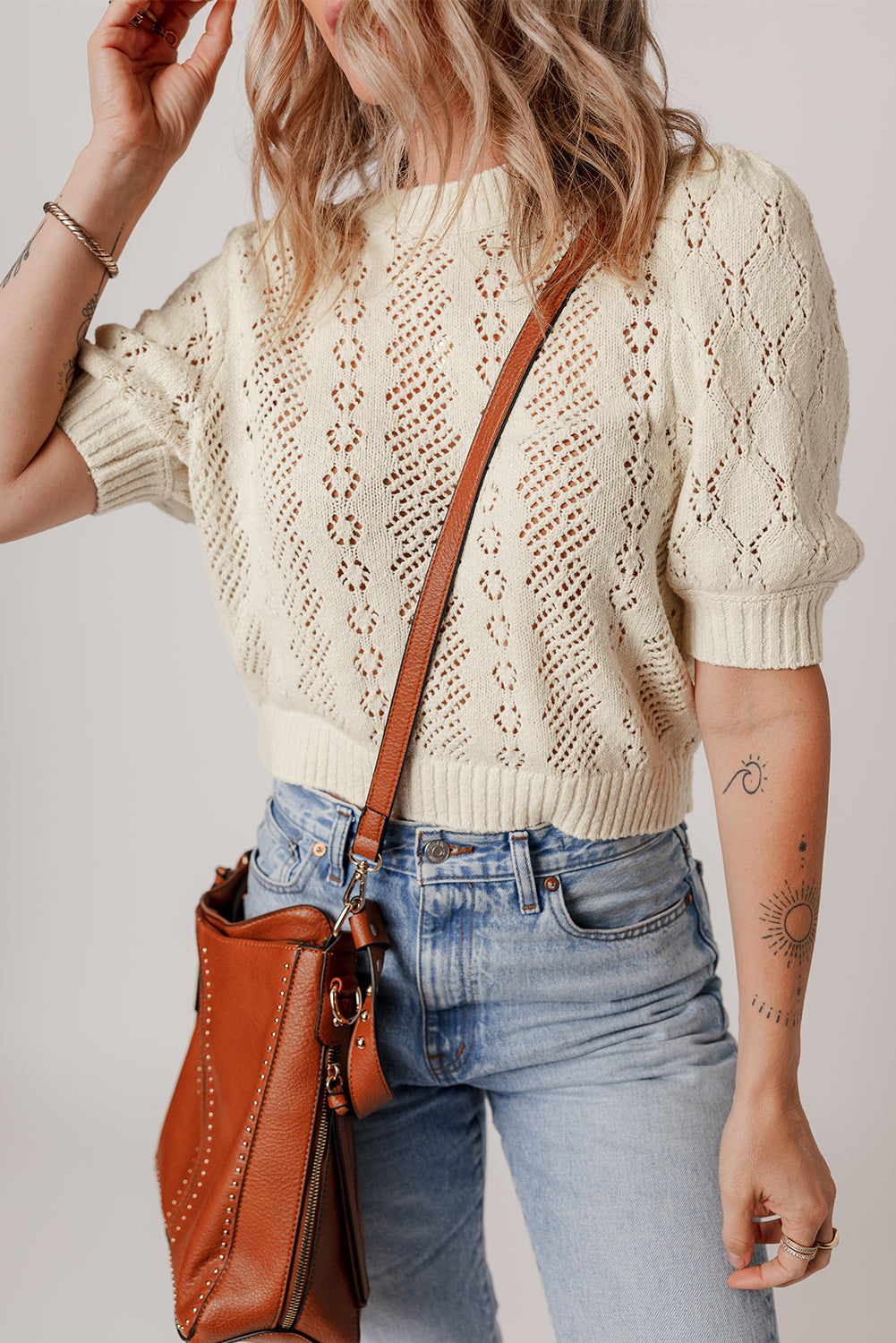 Beige Hollowed Pattern Knit Short Puff Sleeve Sweater eAura