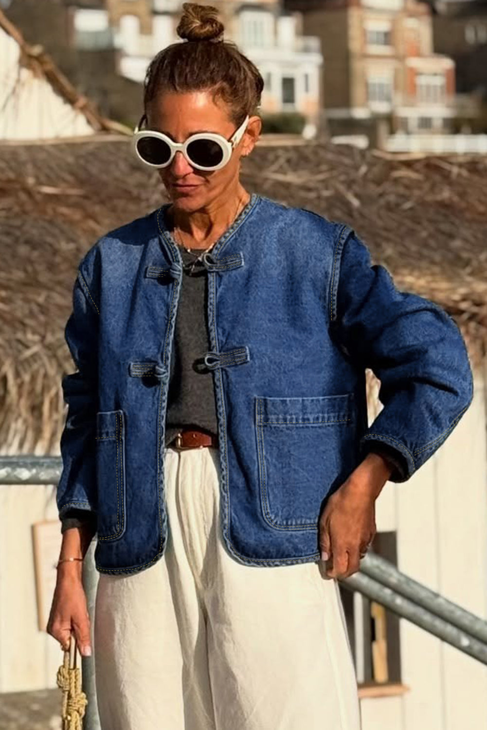Blue Fastening Big Patched Pockets Straight Cut Deep Wash Denim Jacket - eAura