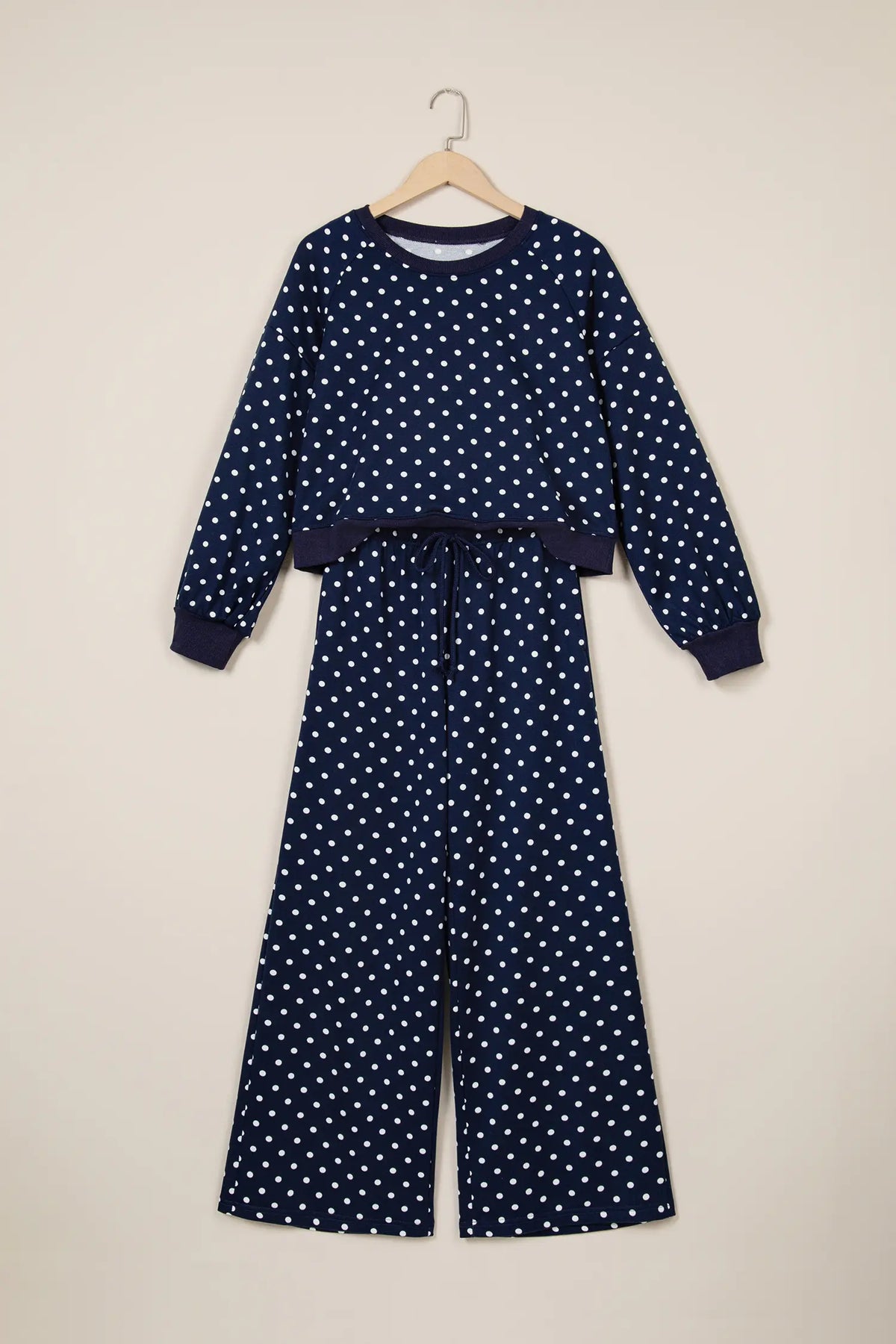 Polka Dot Drawstring Wide Leg Long Sleeve Top Pant Set – Red