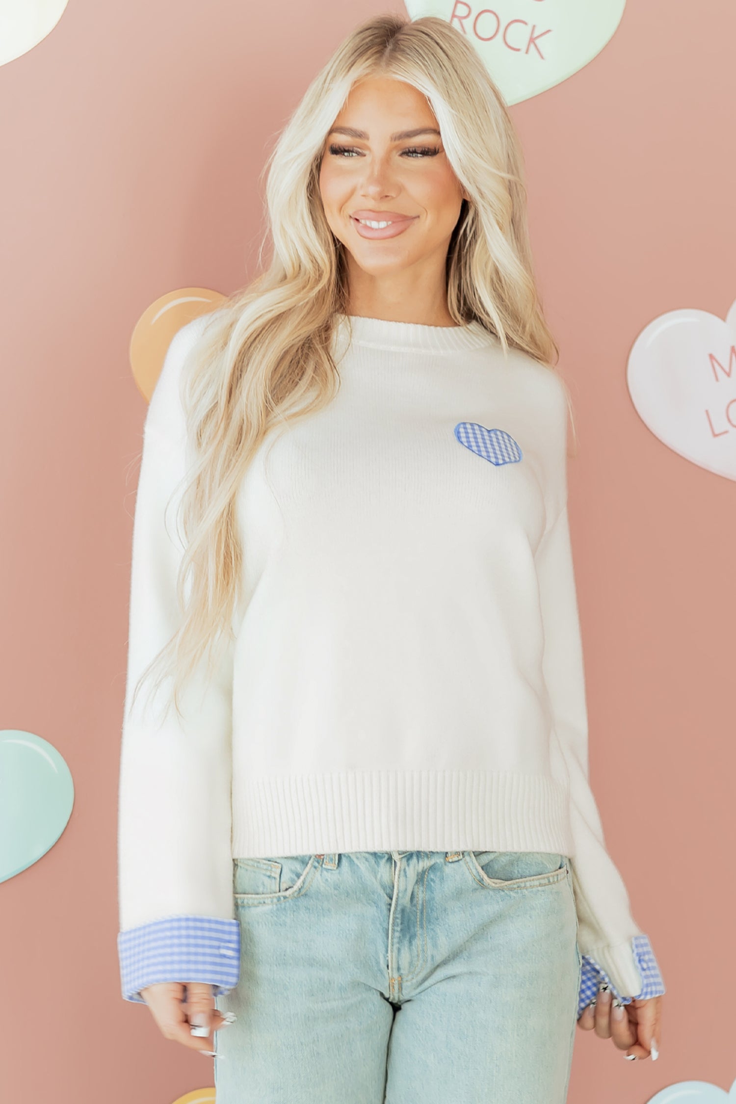 Heart Embroidered Cuffed Drop Shoulder Sweater - Sweaters & Cardigans/Sweaters