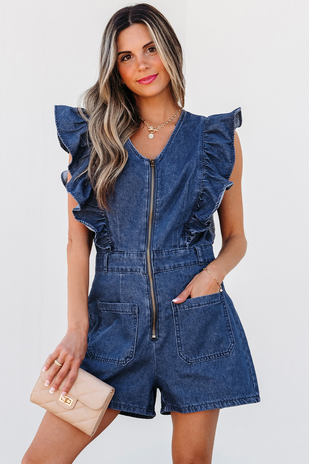 Sail Blue Denim Ruffled Zipped Front Belted Romper eAura
