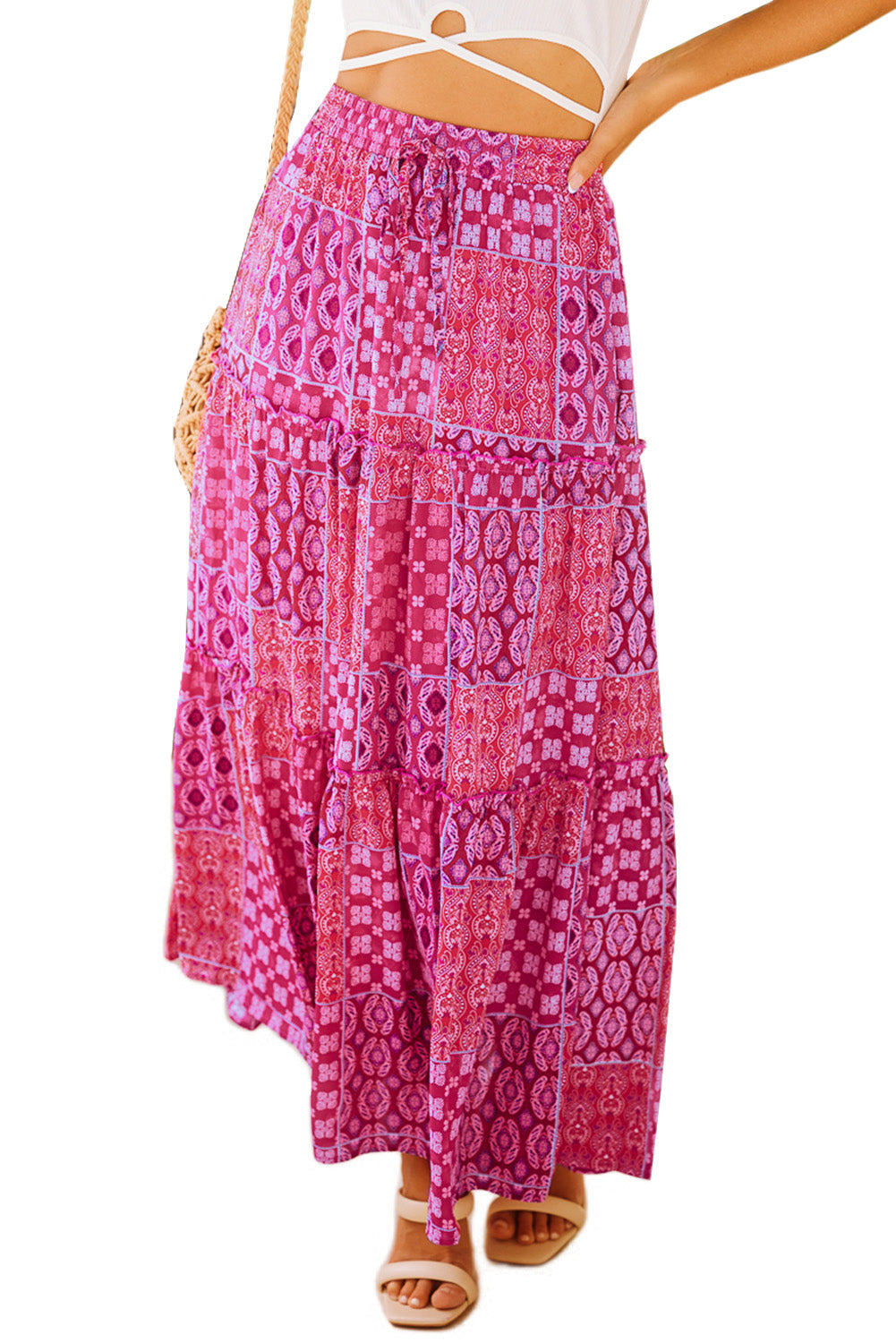 Tiered Paisley Print Pocketed Maxi Skirt