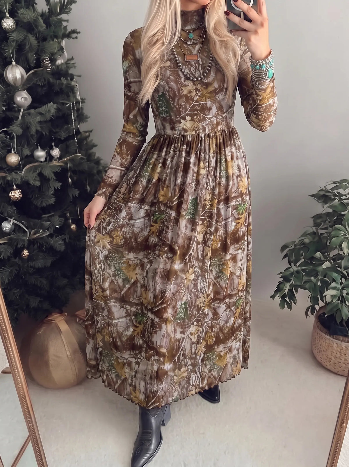 Brown Western Print Mesh Long Sleeve Maxi Dress