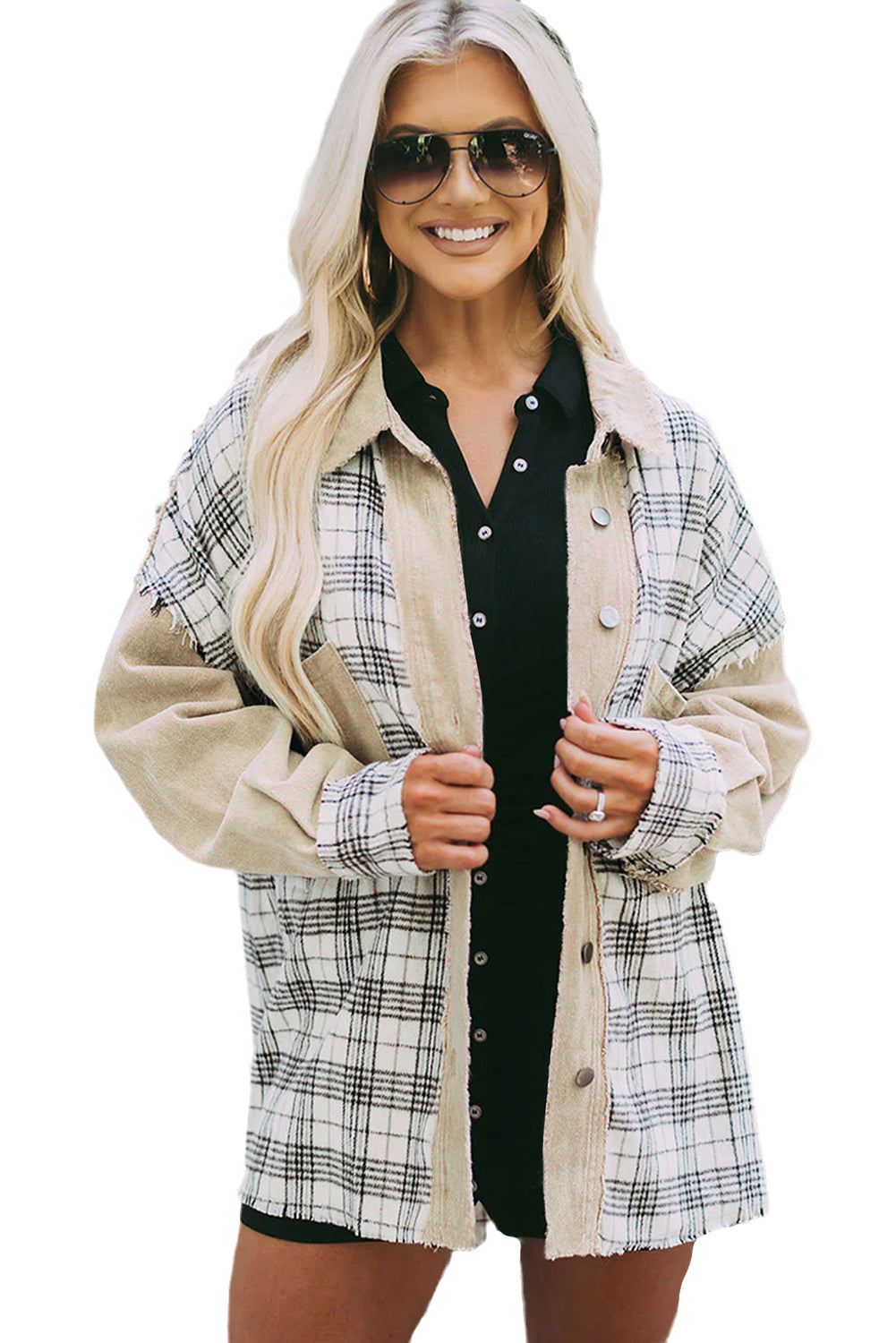 Khaki Distressed Raw Edge Plaid Patchwork Denim Jacket Beagle Boutique Fashion Outlet