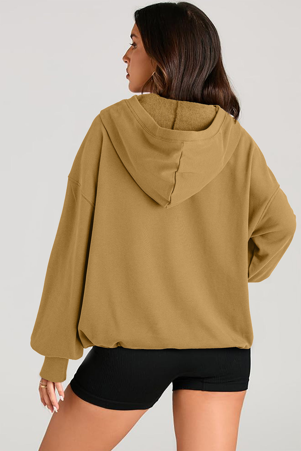 Brown Solid Kangaroo Pocket Half Zipper Oversized Hoodie eAura