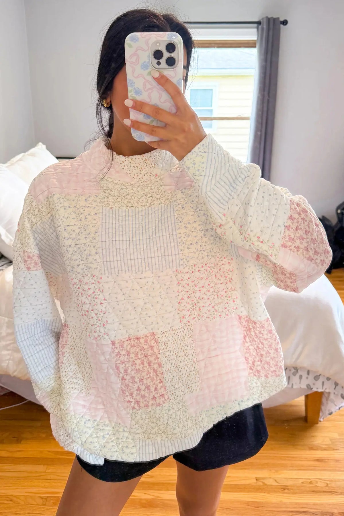 Multicolour Floral Patchwork Quilted Mock Neck Long Sleeve Top