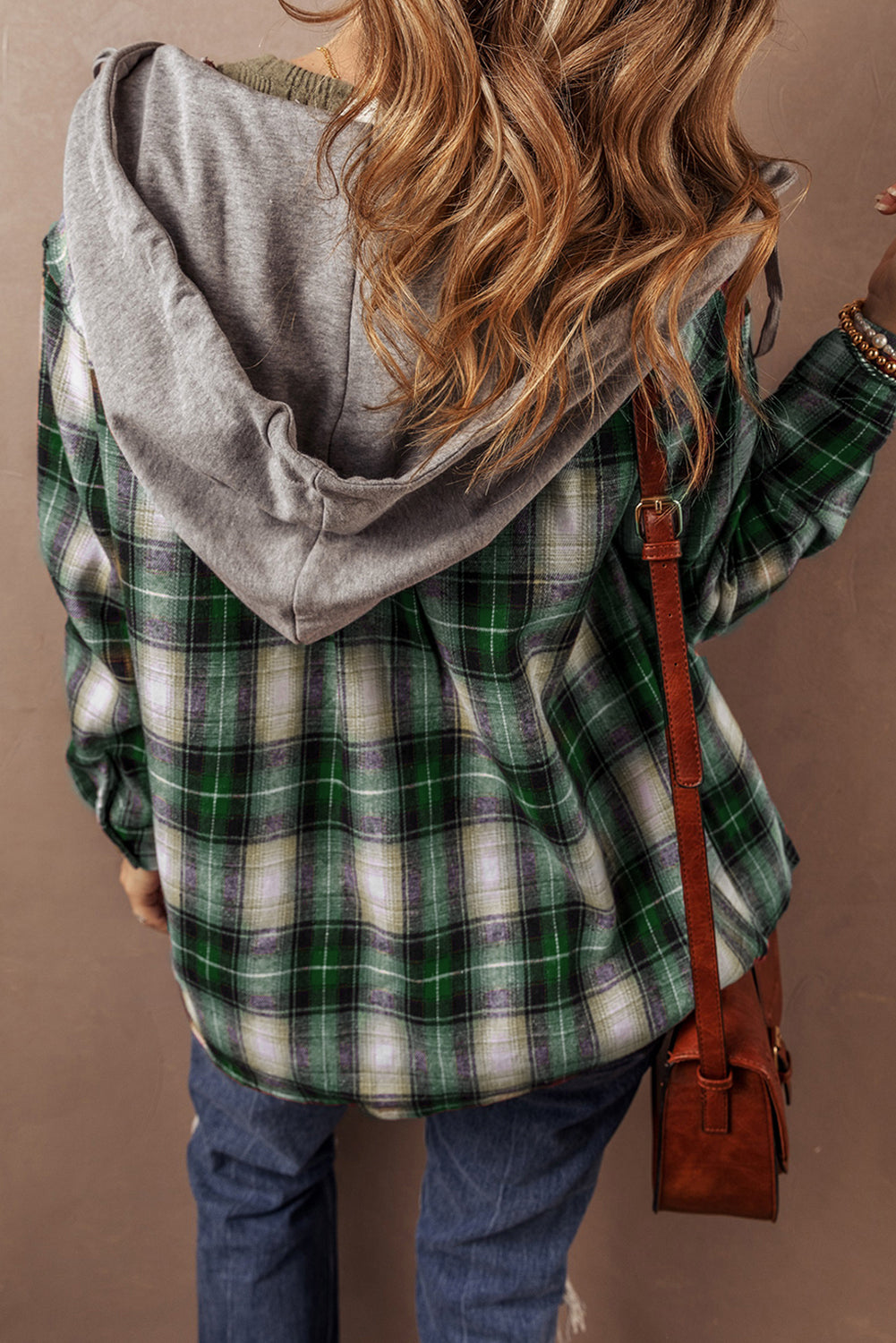 Green Plaid Print Chest Pocket Buttoned Hooded Shacket Beagle Boutique Fashion Outlet