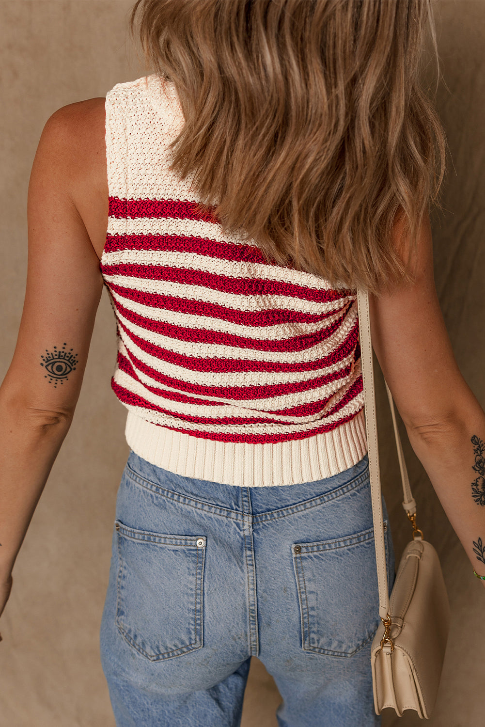 Red Stripe Textured Knit Ribbed Hem Sweater Sleeveless Top eAura
