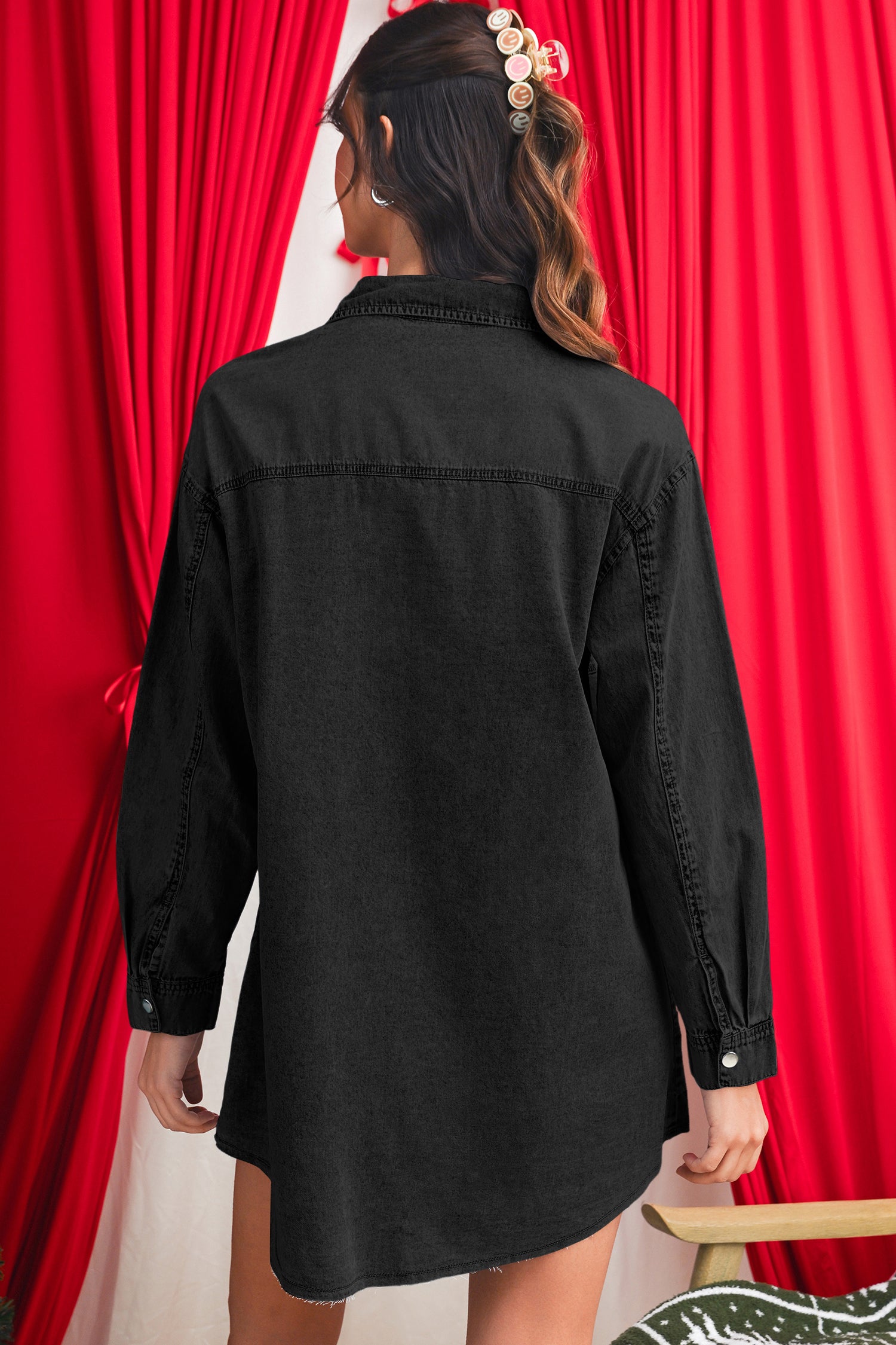 Chest Pocket Raw Hem Denim Loose Shirt Dress