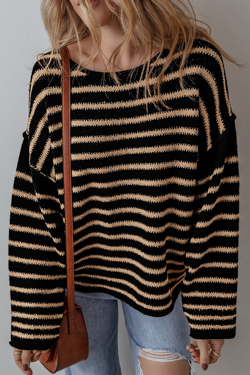 Black Stripe Drop Shoulder Round Neck Loose Sweater eAura