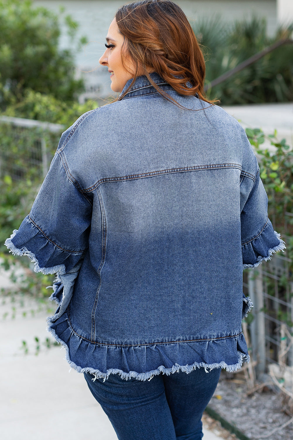 Peacock Blue Ruffled Frayed Short Sleeve Plus Size Denim Jacket Beagle Boutique Fashion Outlet