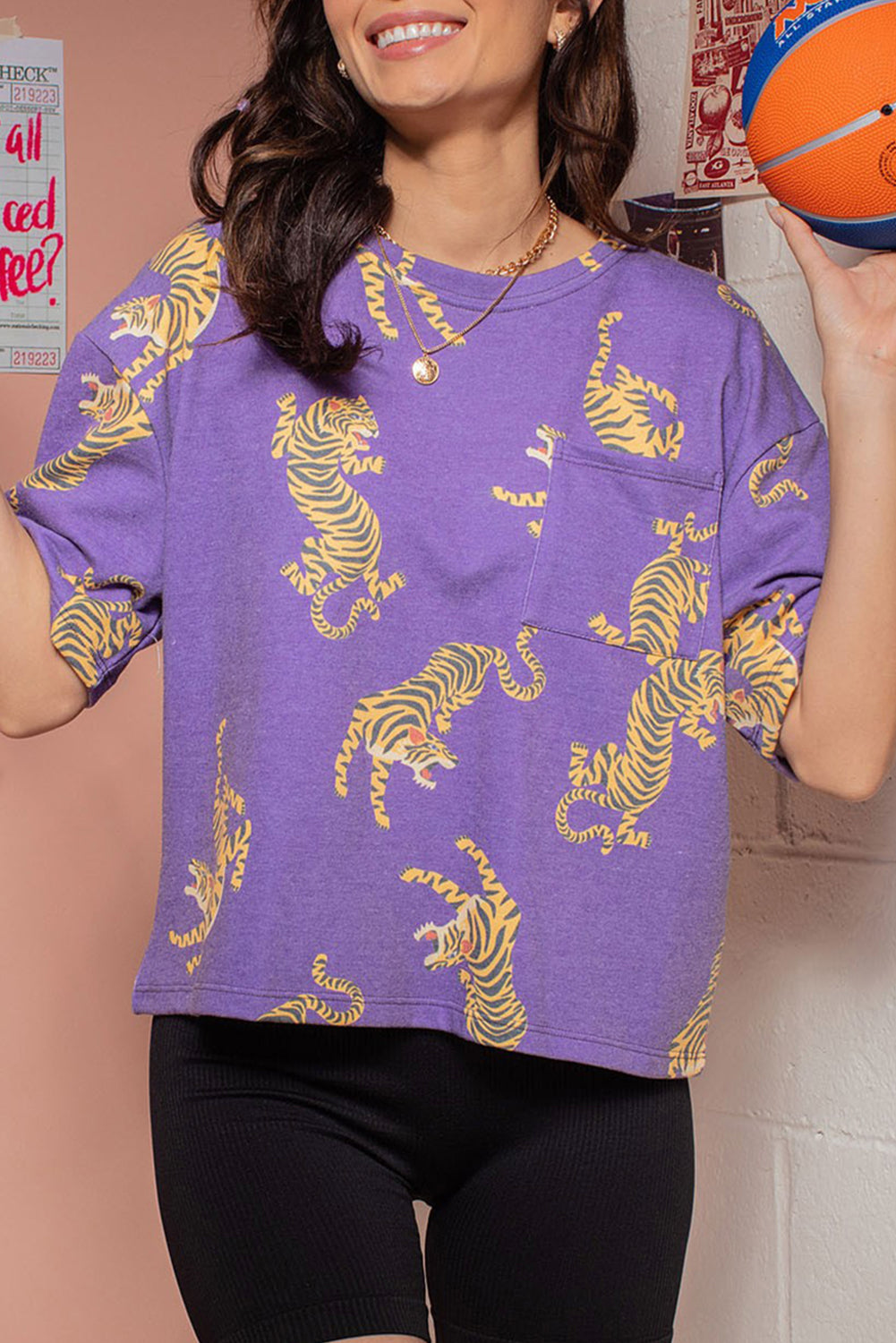 Purple Allover Tiger Printed Patch Pocket Loose T Shirt eAura