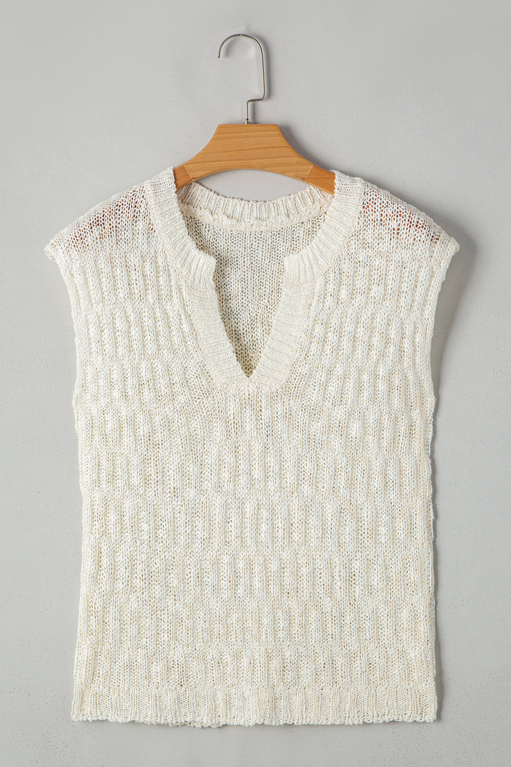 Beige Notched V Neck Short Sleeve Sweater eAura
