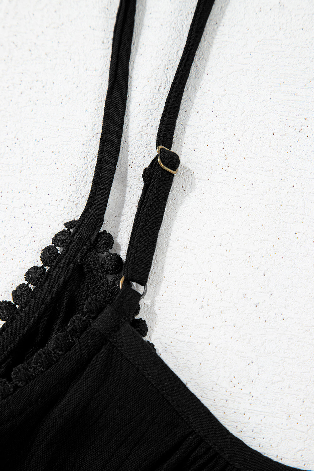 Black Floral Embroidery Ruffled Spaghetti Straps Tank Top eAura